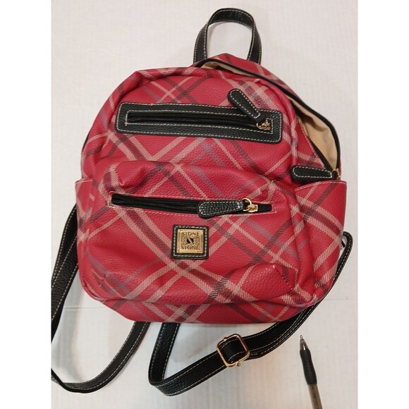 Stone & Co. Mini Plaid Backpack Red Plaid Black Straps Gold Inside